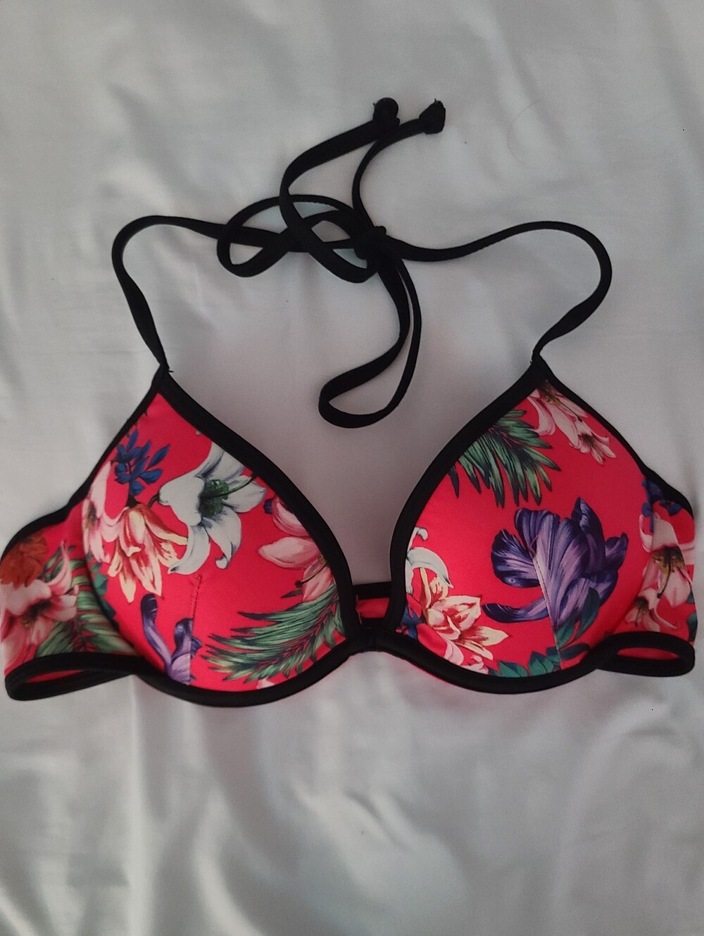 Red Floral Halter Bikini Top Padded 32B